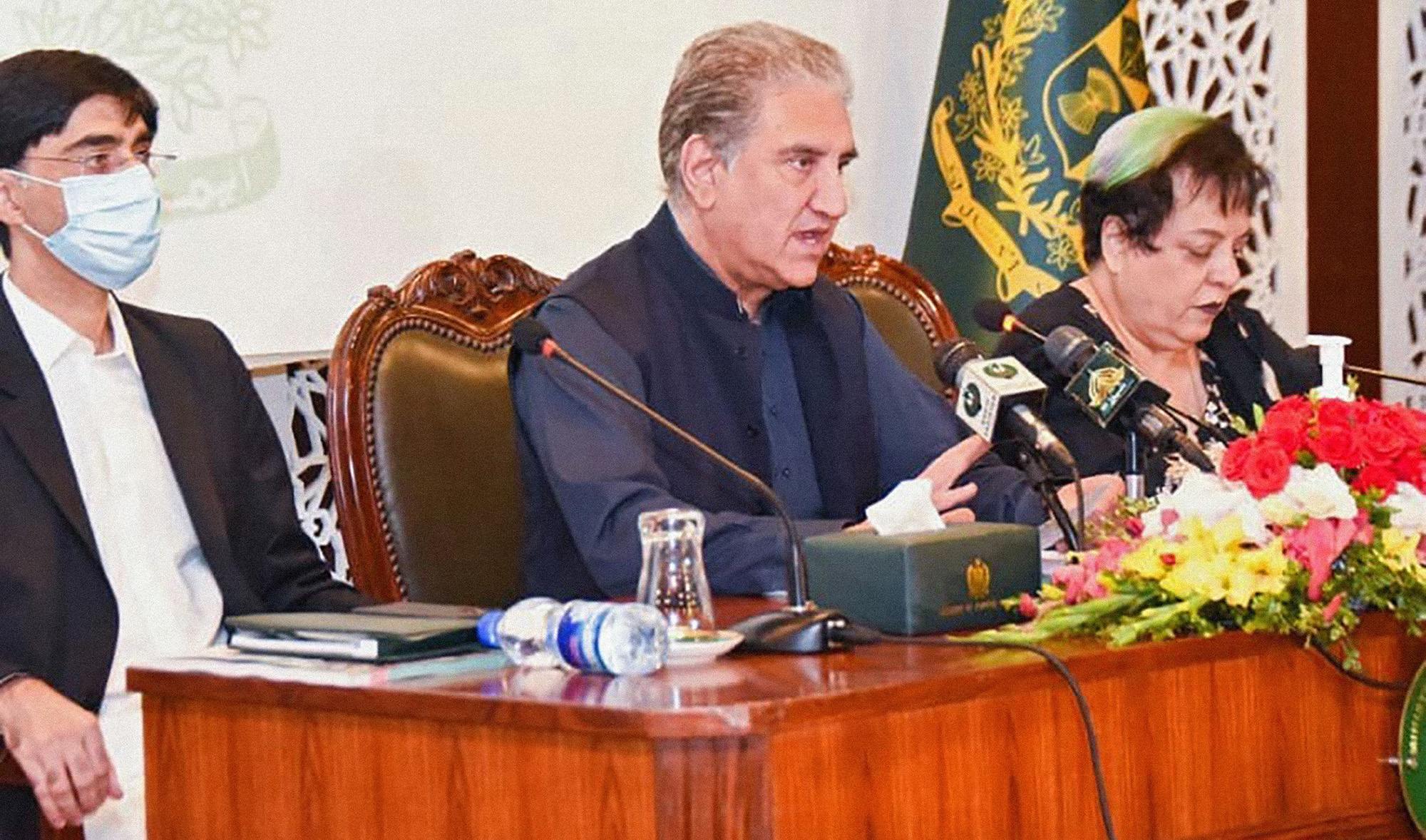 Pakistan's National Security Adviser Dr. Moeed Yusuf, left, Foreign Minister Shah Mahmood Qureshi, center, and Human Rights Minister Shireen Mazari during a press conference in Islamabad on September 12, 2021. (Photo courtesy: @foreignofficepk/Facebook)