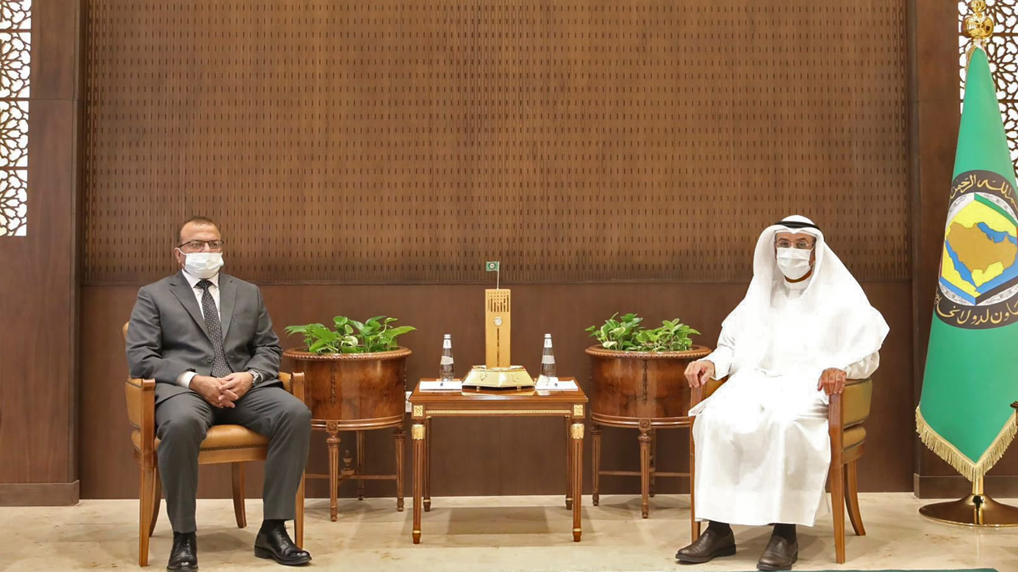 Pakistan's envoy to Saudi Arabia, Bilal Akbar, left, calls on Secretary General of the Gulf Cooperation Council (GCC) in Riyadh, Saudi Arabia, on September 12, 2021. (Photo courtesy: @GCCSG/Twitter)