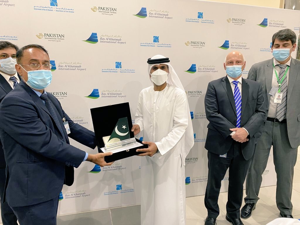 A ceremony was held at Ras Al Khaimah airport, attended by PIA Country Head #UAE, Pakistan Council General & the airport's Chairman on Sept. 13, 2021. (Photo courtesy: PIA)