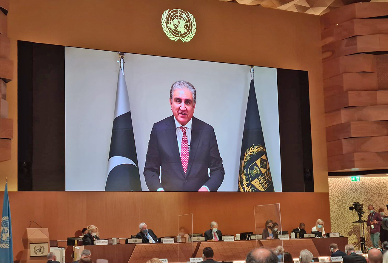 Pakistan's Foreign Minister Shah Mahmood Qureshi addresses UN virtually from Islamabad on September 13, 2021. (Photo courtesy: @appcsocialmedia/Twitter)