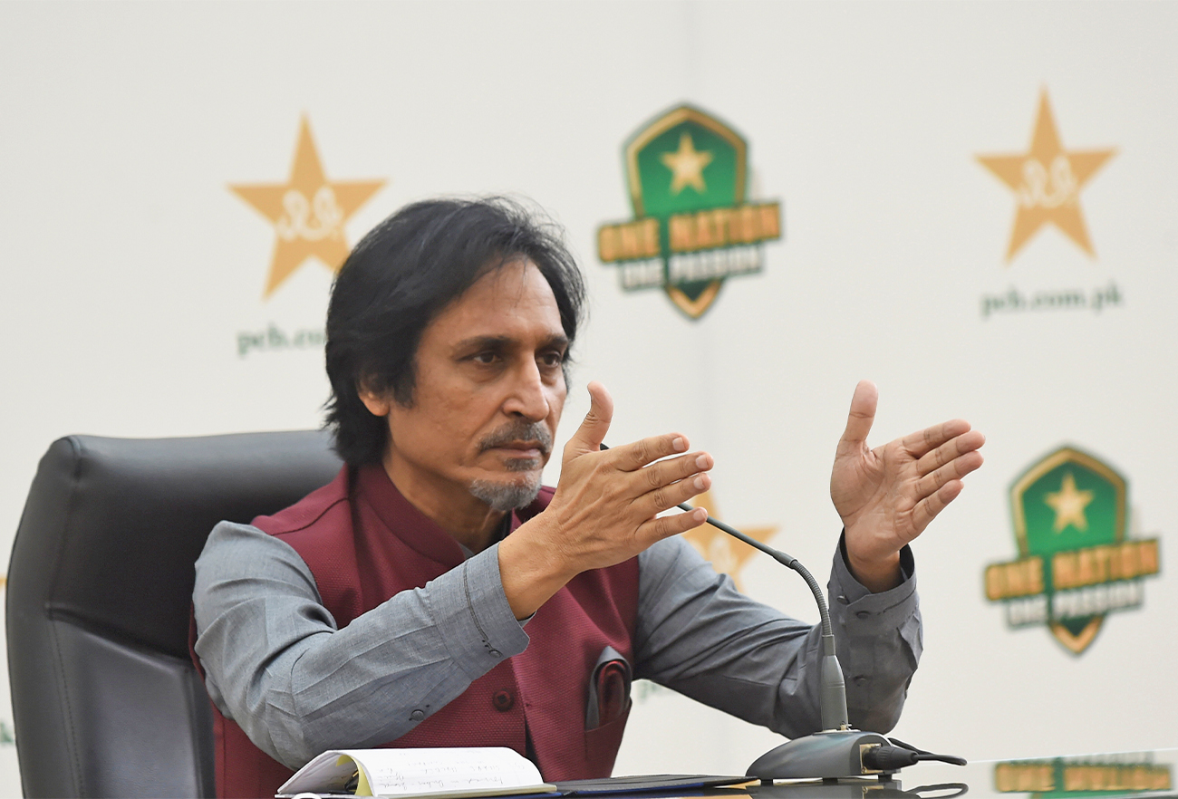 Ramiz Raja, former Pakistan's national cricket team captain and newly elected Chairman of the Pakistan Cricket Board (PCB), gestures as he addresses a news conference in Lahore, Pakistan, on September 13, 2021. (REUTERS)