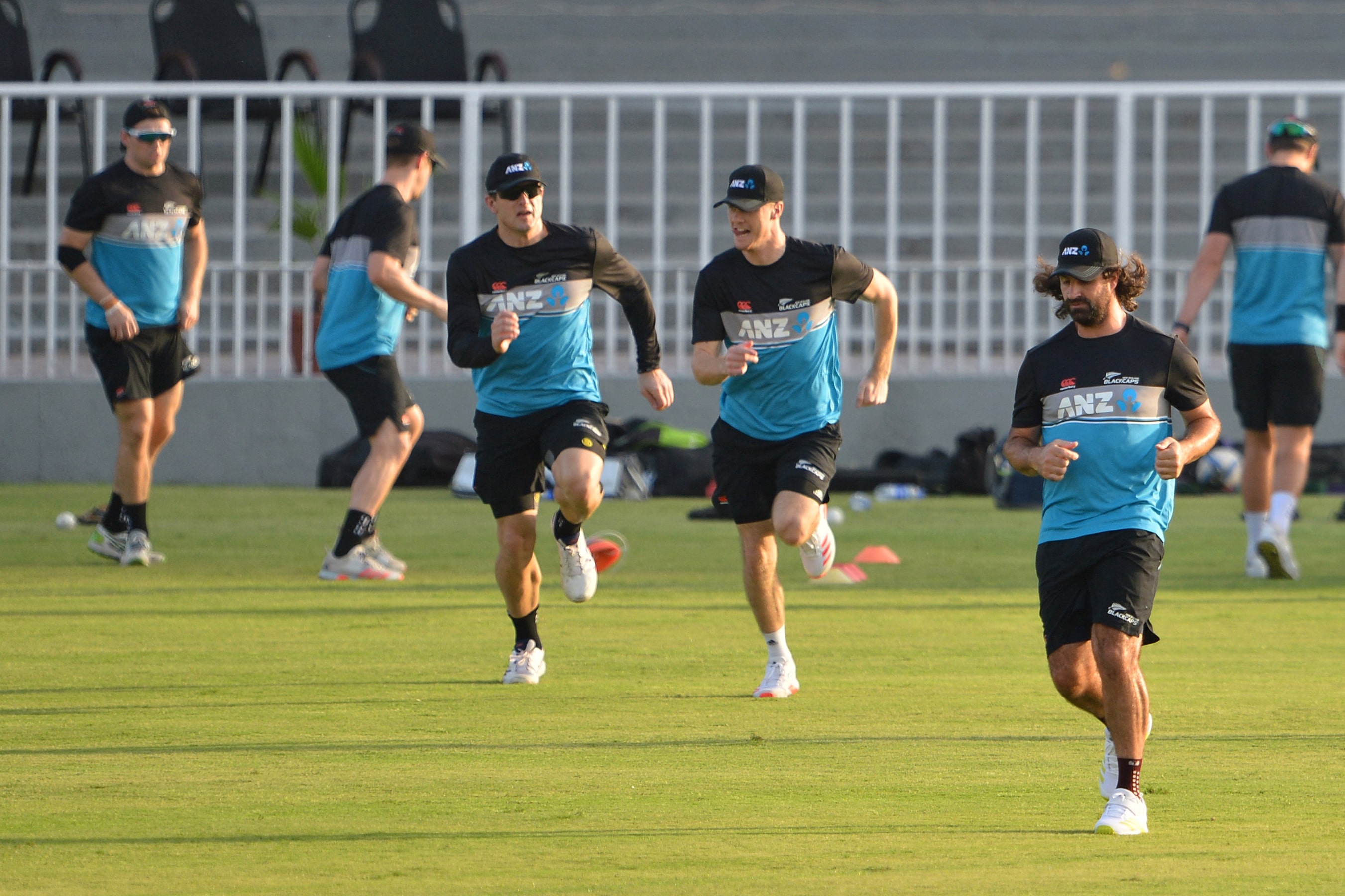 New Zealand's players attend a practice session at the Rawalpindi Cricket Stadium in Rawalpindi on September 13, 2021. (AFP)