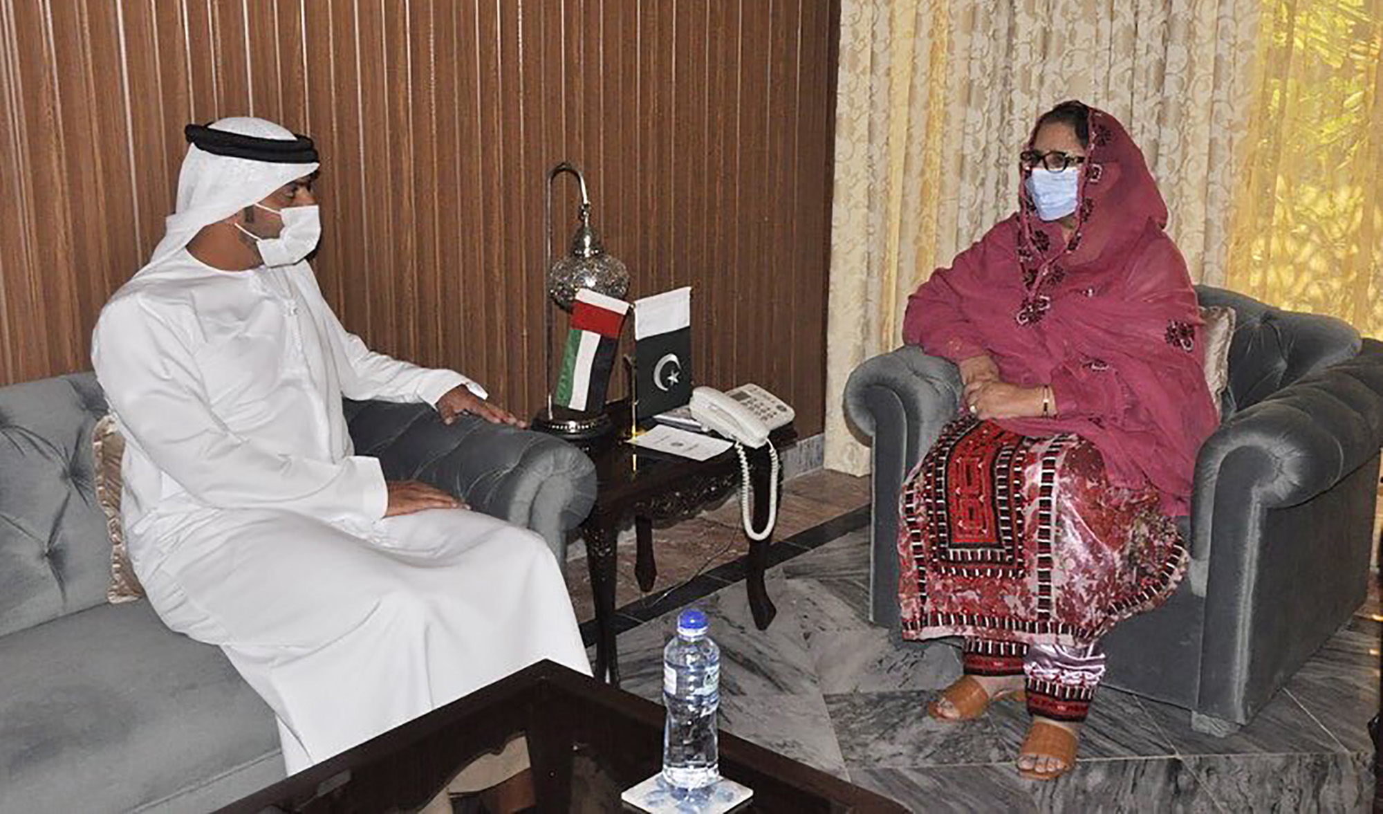 United Arab emirates envoy to Pakistan Hamad Obaid Al-Zaabi, left, and Pakistan's Minister of Defence Production Zubaida Jalal during their meeting in Islamabad, Pakistan on September 16, 2021. (Photo courtesy: @uaeembassyisb/Twitter)