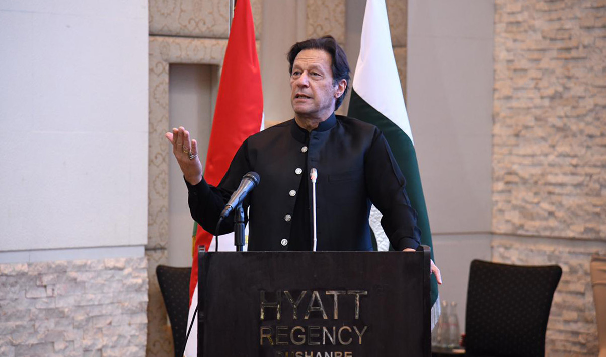 Pakistan Prime Minister Imran Khan addressed Pakistan-Tajikistan Business Forum in Dushanbe, Tajikistan on September 16, 2021. (Photo courtesy: @PakPMO/Twitter)