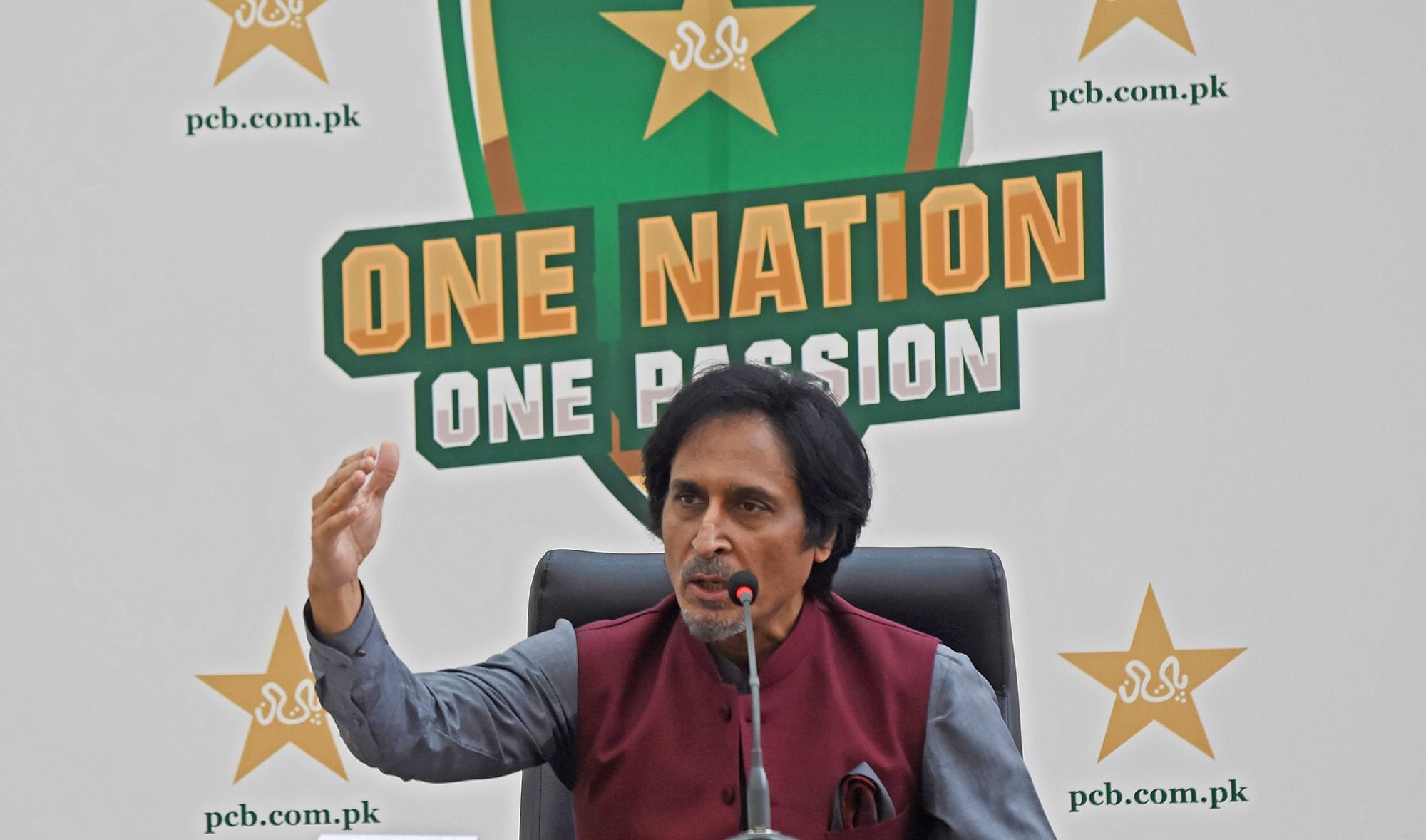 Ramiz Raja, chairman of the Pakistan Cricket Board (PCB), gestures as he addresses a news conference in Lahore, Pakistan on September 13, 2021. (REUTERS)
