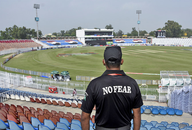 A Pakistani security forces personnel is seen in the cricket stadium following the cancellation of cricket series between Pakistan and New Zealand, in Rawalpindi, Pakistan, on September 17, 2021. (AP)