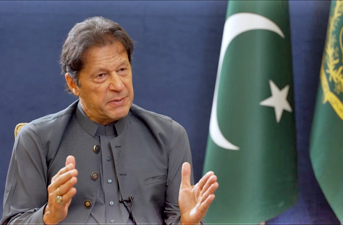 Pakistan Prime Minister, Imran Khan gestures during his interview to BBC in Islamabad, Pakistan, on September 21, 2021. (Screen grab from BBC interview video)