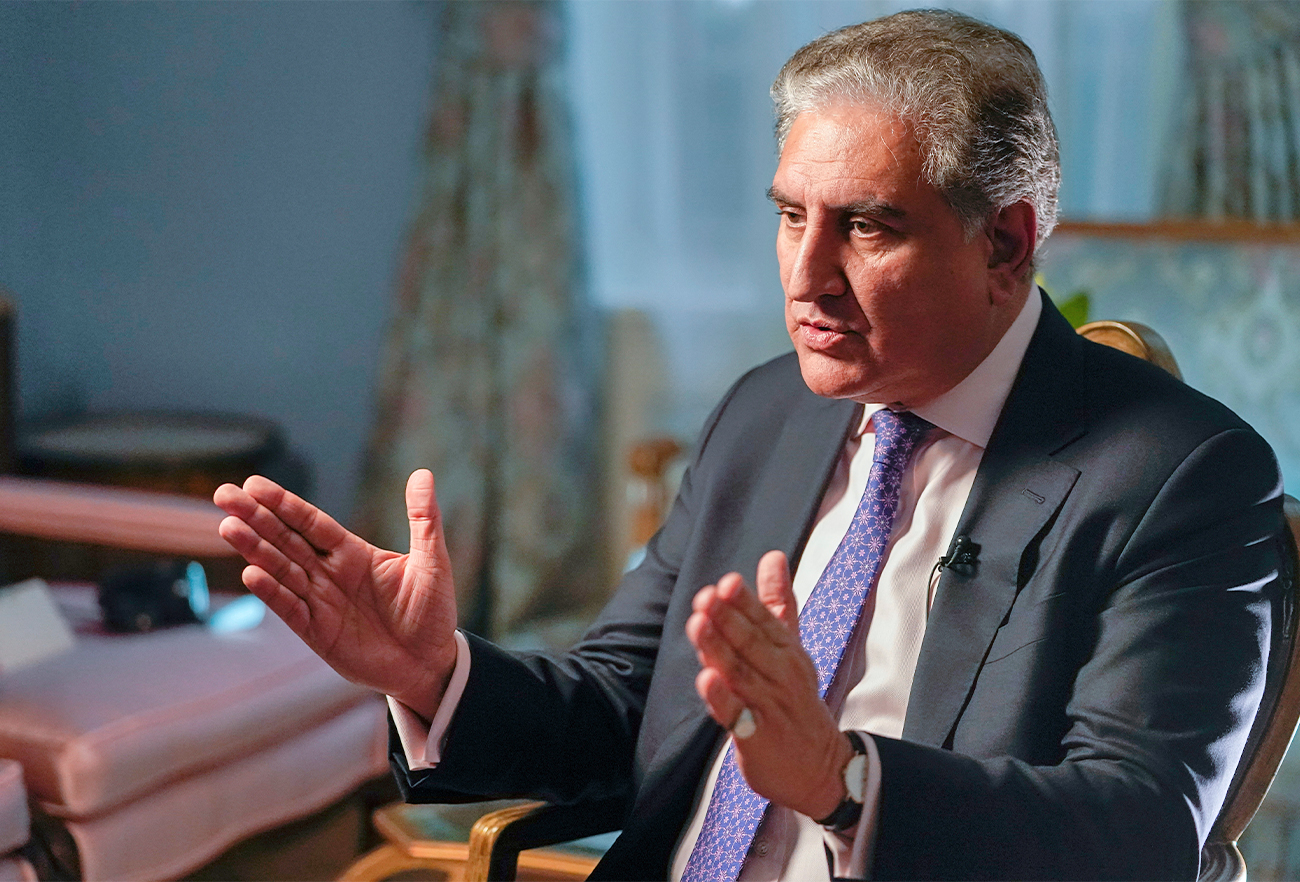 Pakistan's Foreign Minister Shah Mehmood Qureshi speaks during an interview with The Associated Press, in New York, U.S., September 22, 2021. (AP)