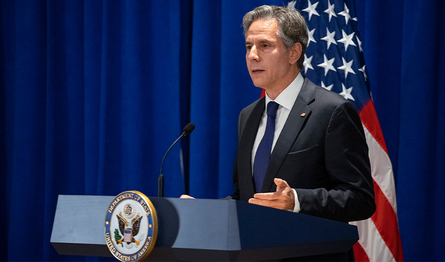 US Secretary of State Antony Blinken speaks to the media after meetings on the sidelines of the 76th Session of the UN General Assembly in New York, on September 23, 2021. (AFP)