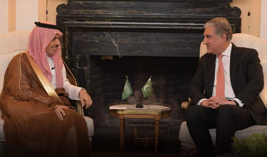 Pakistani Foreign Minister Shah Mahmood Qureshi talks to his Saudi counterpart Prince Faisal bin Farhan on the sidelines of United Nations General Assembly in New York on September 23, 2021. (Photo courtesy: Foreign Office)