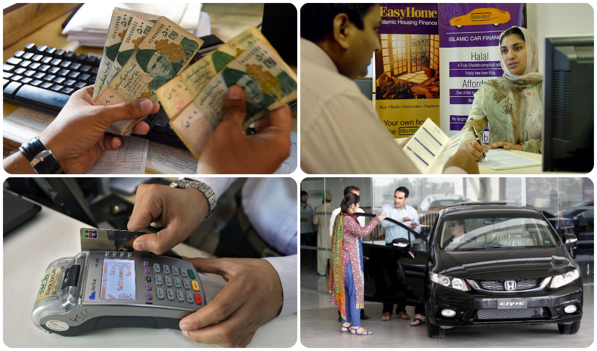 A collage of photos show Pakistan’s consumer banking products impacted by the latest policy of the country’s central bank. (Photos by AFP, REUTERS)