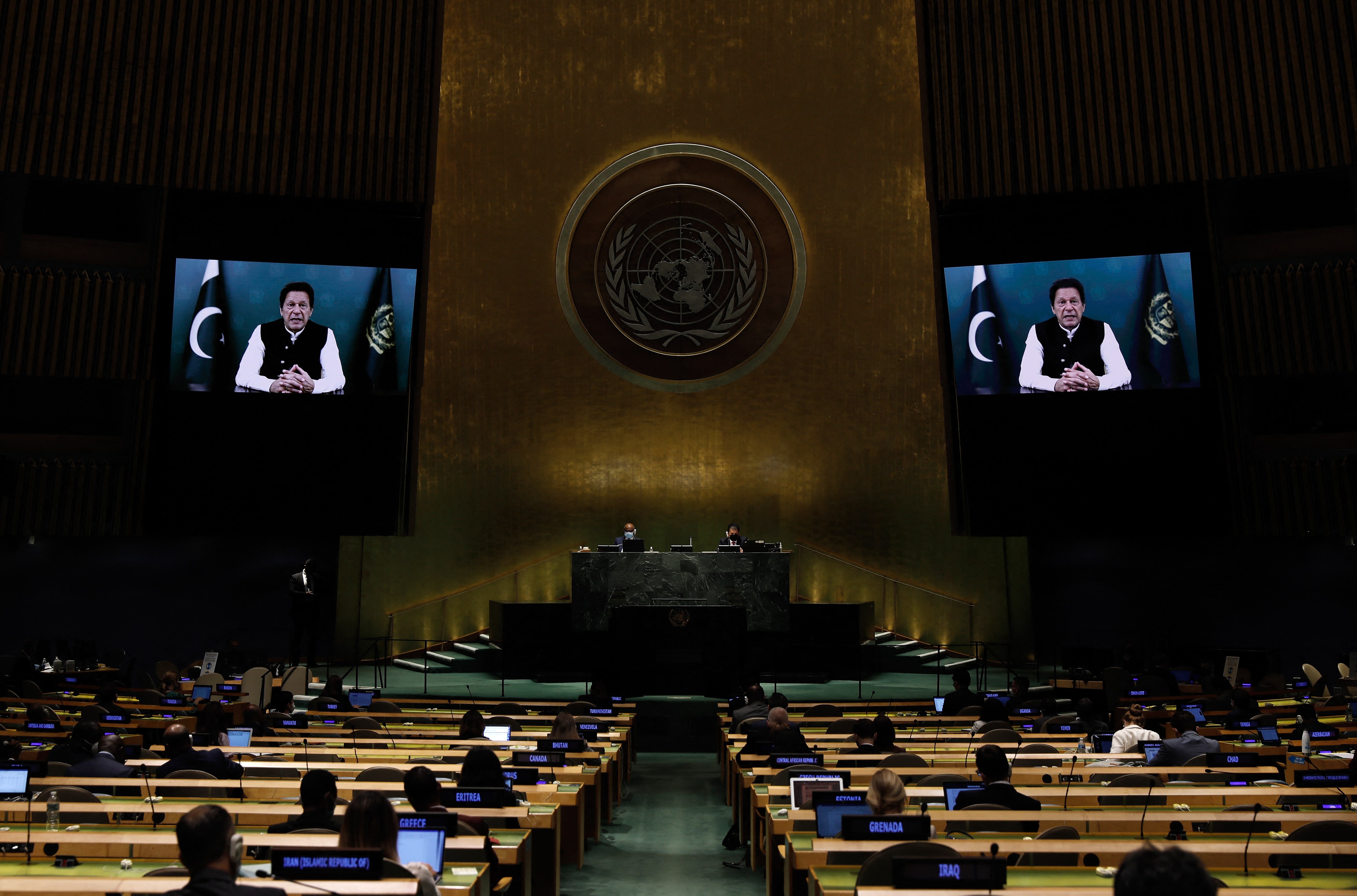 Prime Minister from the Islamic Republic of Pakistan Imran Khan addresses via prerecorded video the General Debate of the 76th session of the United Nations General Assembly at UN headquarters on September 24, 2021, in New York. (AFP)