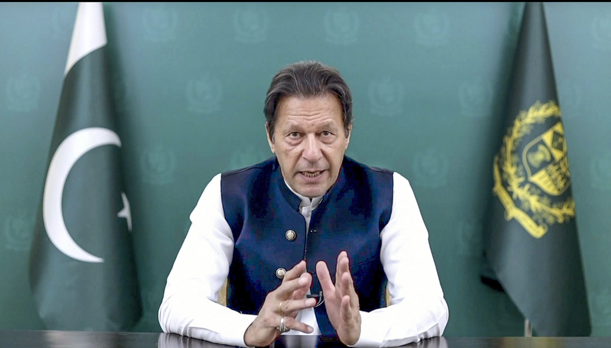In this image taken from video provided by UN Web TV, Imran Khan, Prime Minister of Pakistan, remotely addresses the 76th session of the United Nations General Assembly in a pre-recorded message, Friday Sept. 24, 2021 at UN headquarters. (AP)