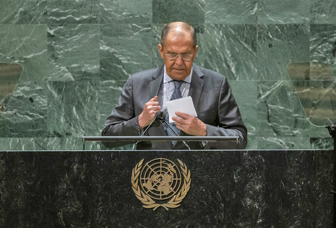 Russia's Foreign Minister Sergei Lavrov collects his notes after addressing the 76th session of the United Nations General Assembly at UN headquarters in New York, US, on September 25, 2021. (AFP)