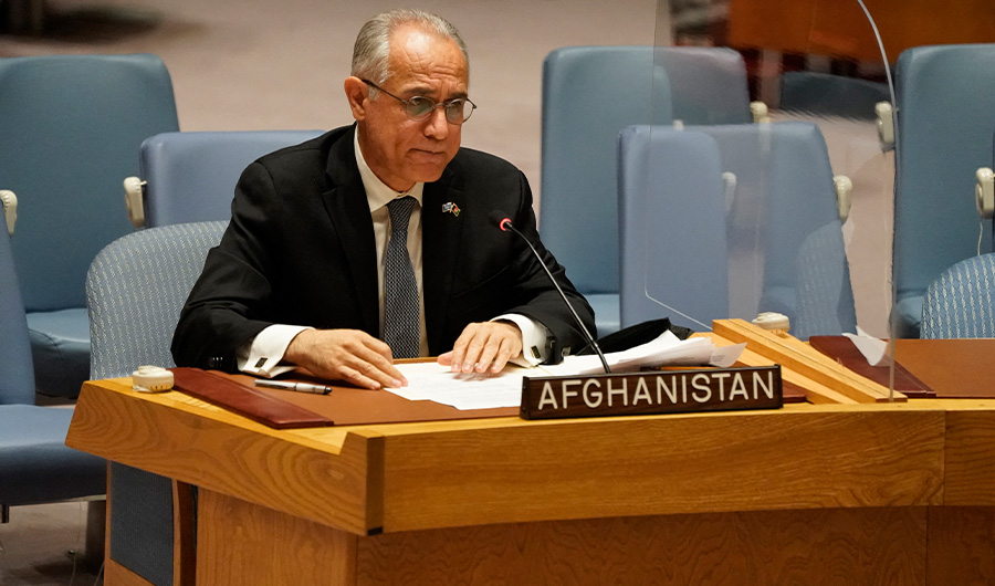 Permanent Representative of Afghanistan to the United Nations, Ghulam M. Isaczai speaks during a UN security council meeting on Afghanistan on August 16, 2021 . (AFP)
