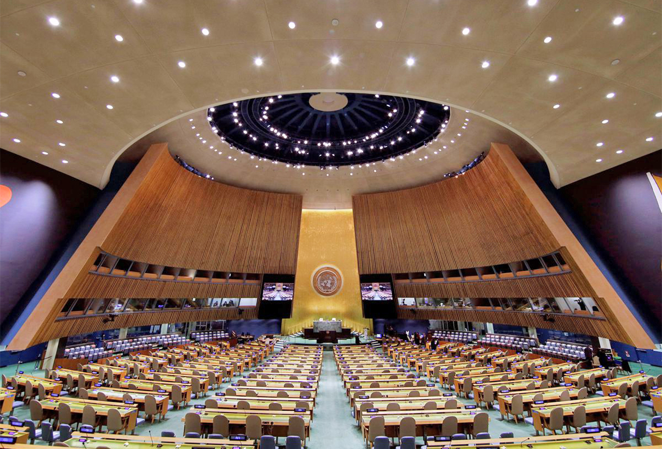 The picture taken on September 20, 2021 shows empty hall of the UN General Assembly before the start of the SDG Moment event as part of the UN General Assembly 76th session General Debate at United Nations Headquarters, in New York, US. (REUTERS/File)