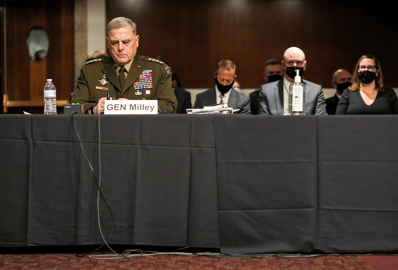 Chairman of the Joint Chiefs of Staff General Mark Milley (in the front row) prepares to testify during a Senate Armed Services Committee hearing on the conclusion of military operations in Afghanistan in Washington, U.S., September 28, 2021. (REUTERS)