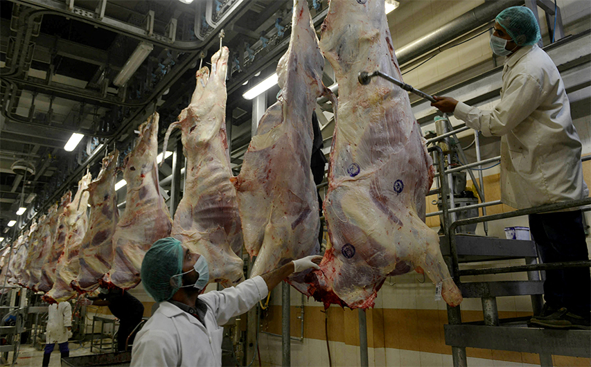 This photograph taken on April 9, 2015, shows Pakistani health inspectors as they certify meat by placing stamps at a government slaughterhouse in Lahore. (AFP)