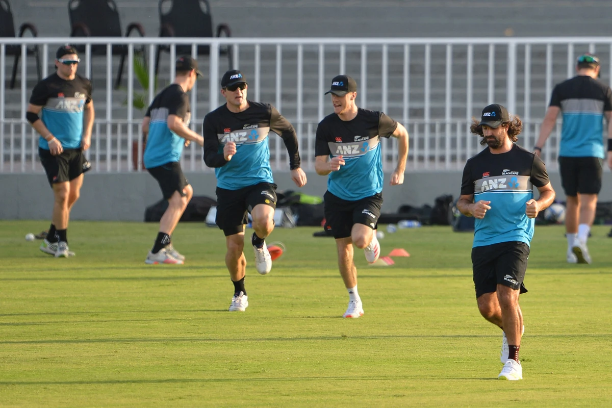 New Zealand's players attend a practice session at the Rawalpindi Cricket Stadium in Rawalpindi on September 13, 2021. (AFP)