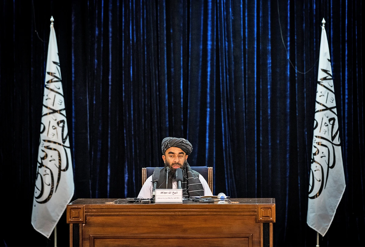 Taliban government spokesman Zabihullah Mujahid gives a press conference in Kabul, Afghanistan, on September 21, 2021. (AP)