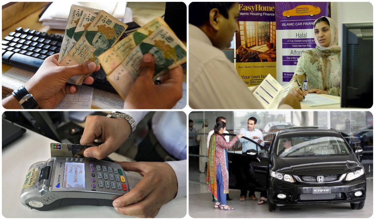 A collage of photos show Pakistan’s consumer banking products impacted by the latest policy of the country’s central bank. (Photos by AFP, REUTERS)