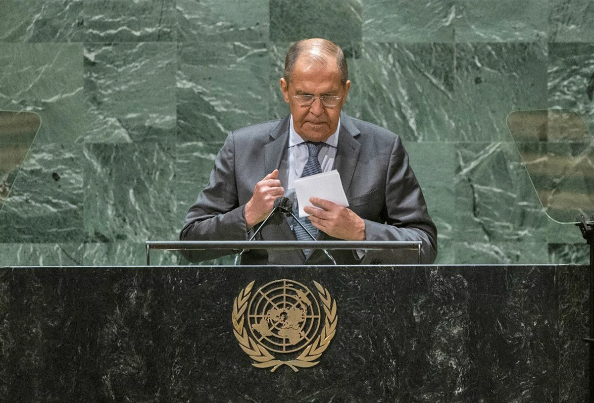 Russia's Foreign Minister Sergei Lavrov collects his notes after addressing the 76th session of the United Nations General Assembly at UN headquarters in New York, US, on September 25, 2021. (AFP)