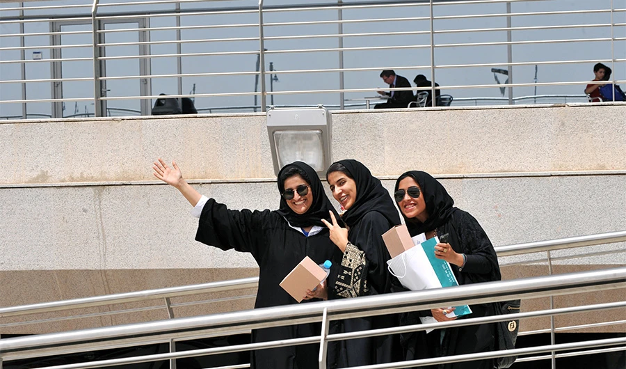 Saudi students gesture during the second International Conference and Exhibition on Higher Education, in Riyadh, on April 19, 2011. (AFP/ File)