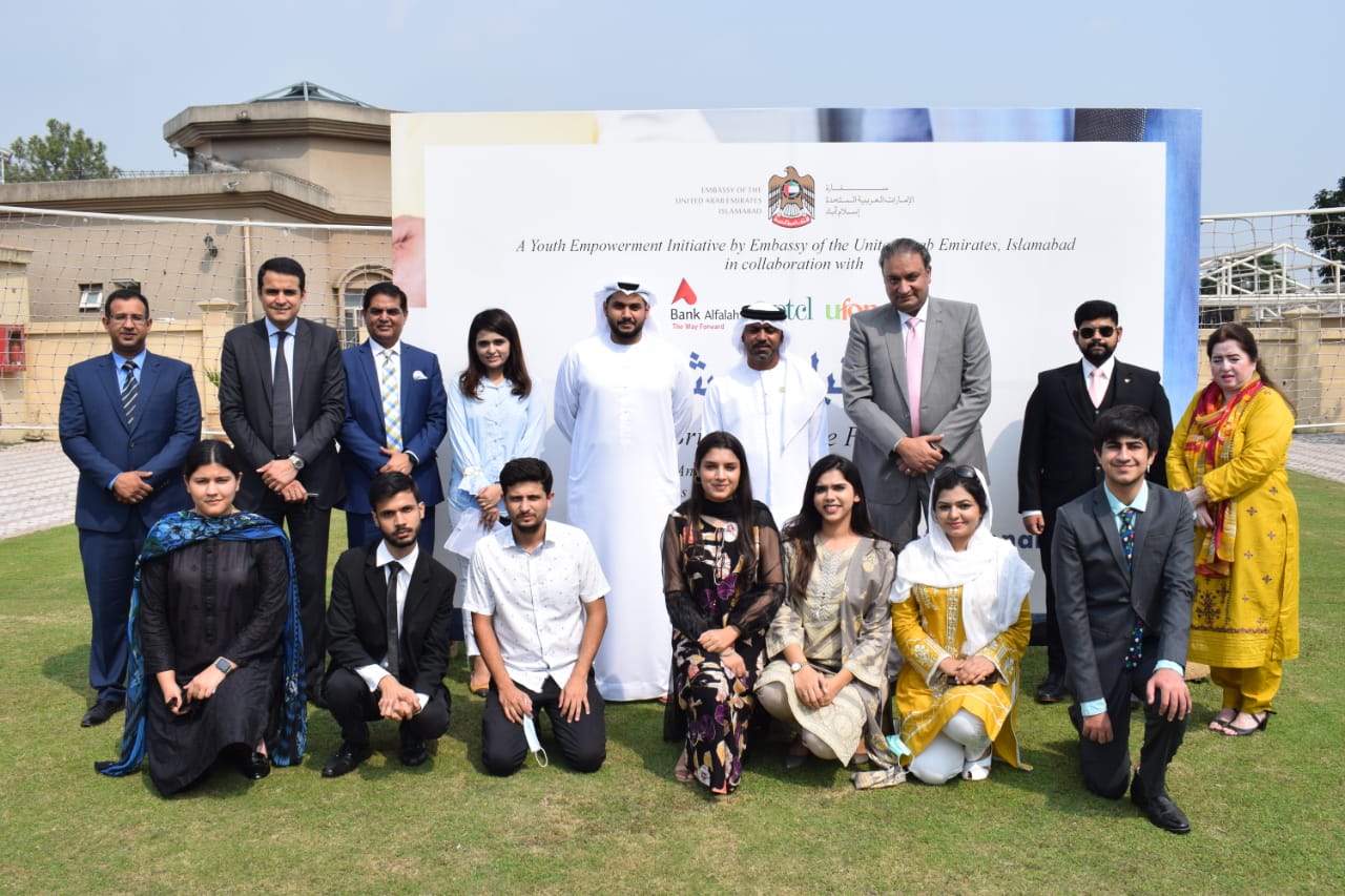 In this group photo, UAE ambassador to Pakistan Hamad Obaid Al Zaabi can be seen with the participants of an internship program, Brightening the Future, in Islamabad, Pakistan, on September 29, 2021. (Photo courtesy: UAE Embassy, Islamabad)