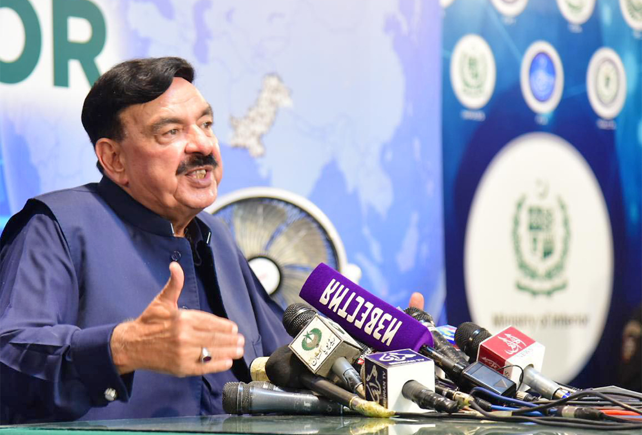 Pakistan's Interior Minister Sheikh Rashid Ahmed speaks to reporters during a press conference in Islamabad, Pakistan, on October 04, 2021. (Photo courtesy: PID)