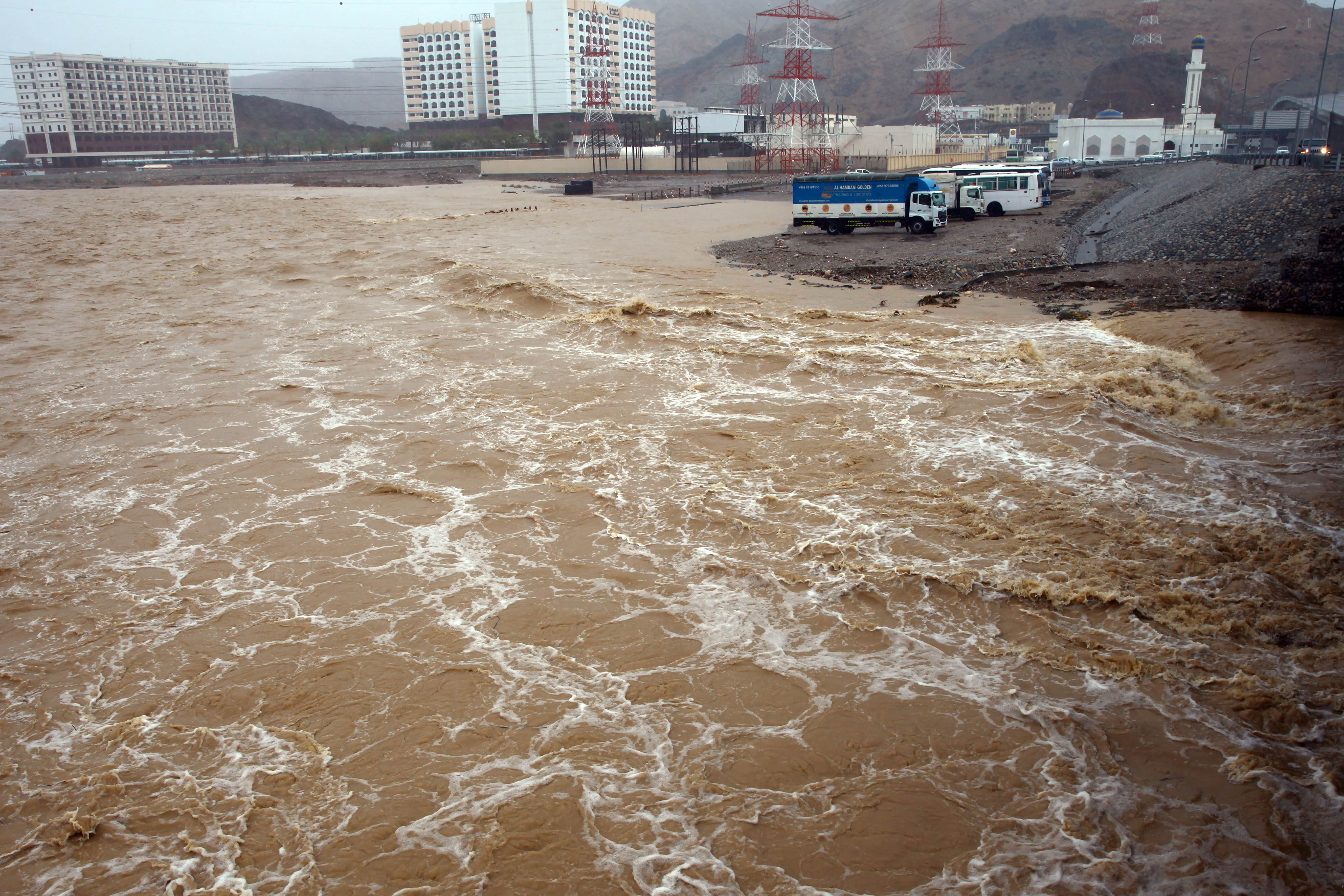 A picture taken on October 3, 2021, shows flooding in the Omani capital Muscat, as the Shaheen tropical storm hits the country. (AFP)