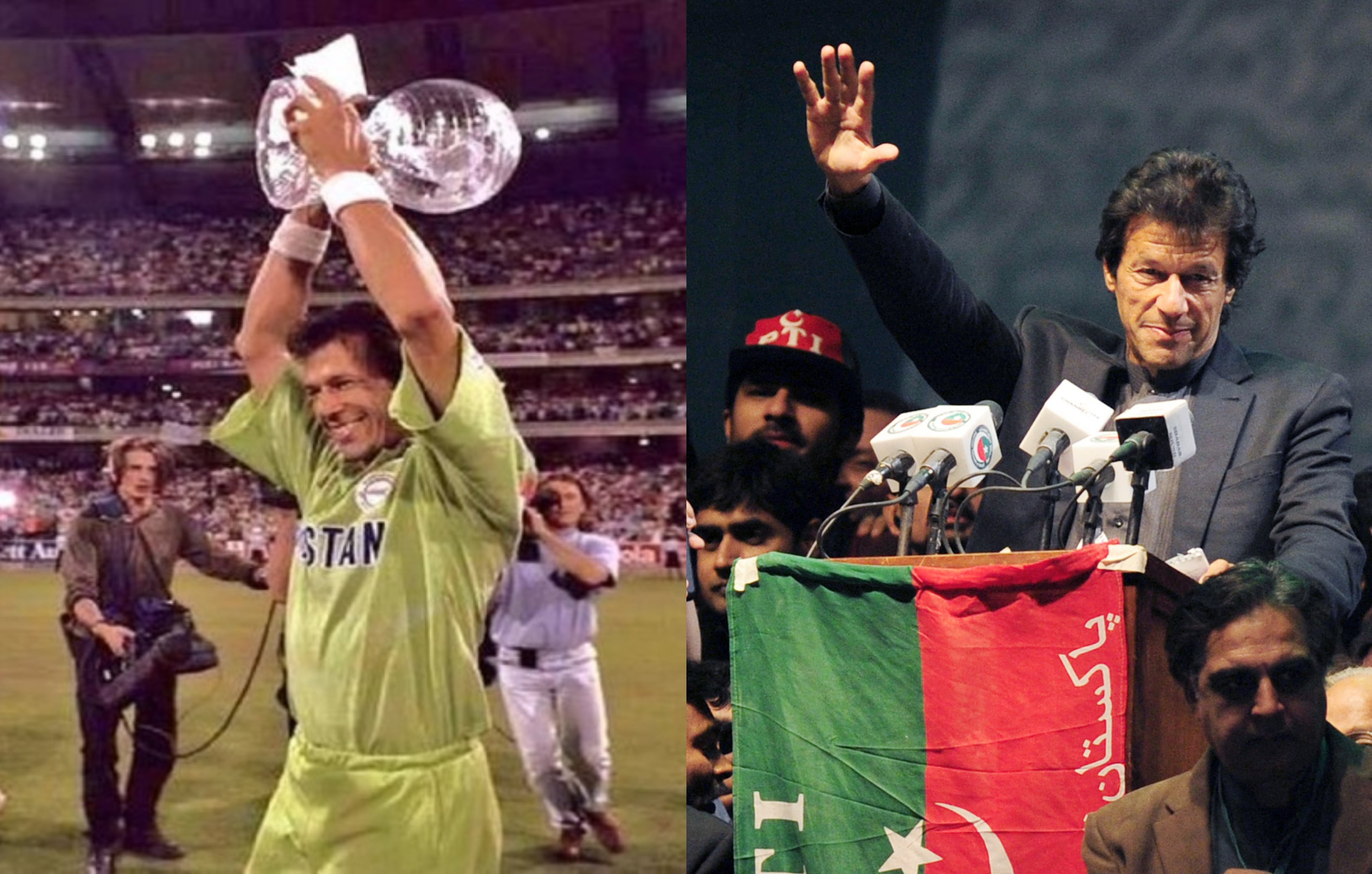 The photo collage shows Pakistani cricket hero turned politician Imran Khan gesture as he addresses supporters during a public meeting in Karachi on December 25, 2011 (R) and as he holds the 1992 World Cup Trophy during the victory presentation at the Melbourne Cricket Ground 25 March 1992 (L). (AFP)