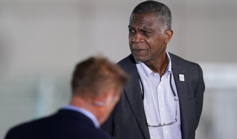 This picture taken on July 16, 2020 shows Commentator Michael Holding in Emirates Old Trafford, Manchester, Britain. (REUTERS)