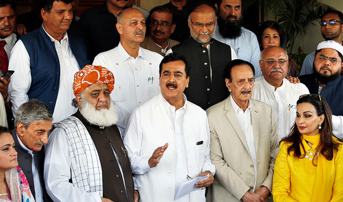 In this photo, opposition leaders are talking to journalists on July 29, 2018 in Islamabad, Pakistan. (AP)