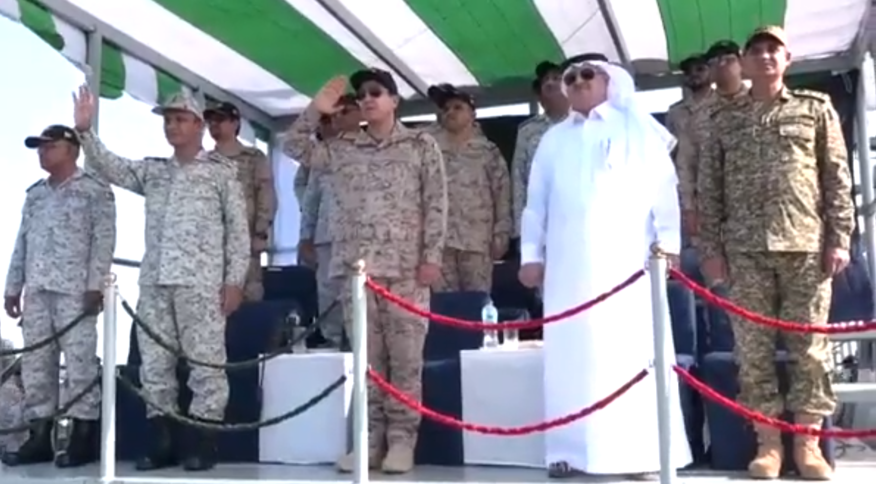 Pakistan naval chief admiral Amjad Khan Niazi and Saudi Arabia's Gen Al Ghofaily witnessed a missile firing during the joint Naseem Al-Bahr 13 naval exercise in the Arabian Sea on Oct. 7, 2021. (Screengrab form video by Pak Navy)