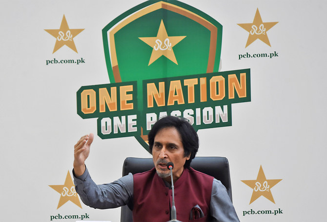 Ramiz Raja, Chairman of the Pakistan Cricket Board (PCB), gestures as he addresses a news conference in Lahore, Pakistan, on September 13, 2021. (REUTERS)