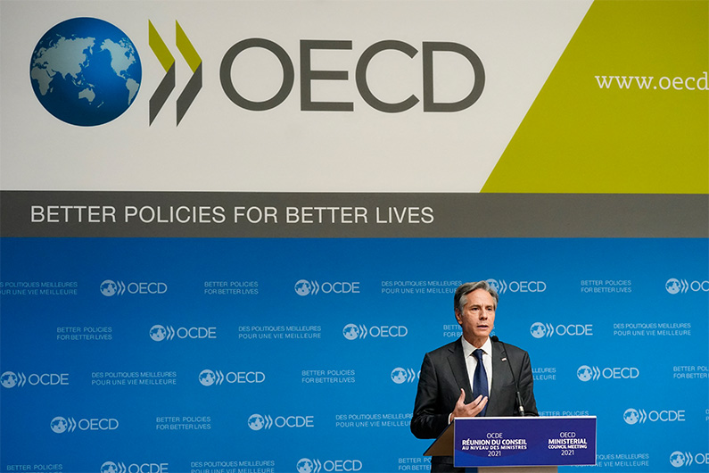US Secretary of State Antony Blinken speaks during a press briefing with the Secretary-General of the Organization for Economic Cooperation and Development at the OECD’s Ministerial Council Meeting on October 6, 2021 in Paris. (AFP)