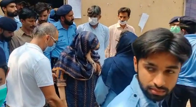 This undated photo shows the father of the key suspect in the Noor Mukadam murder case, Zakir Jaffer (first left), and mother of the suspect, Ismat Adamjee (second left) outside a court house in Islamabad, Pakistan. (Photo courtesy: Social media)