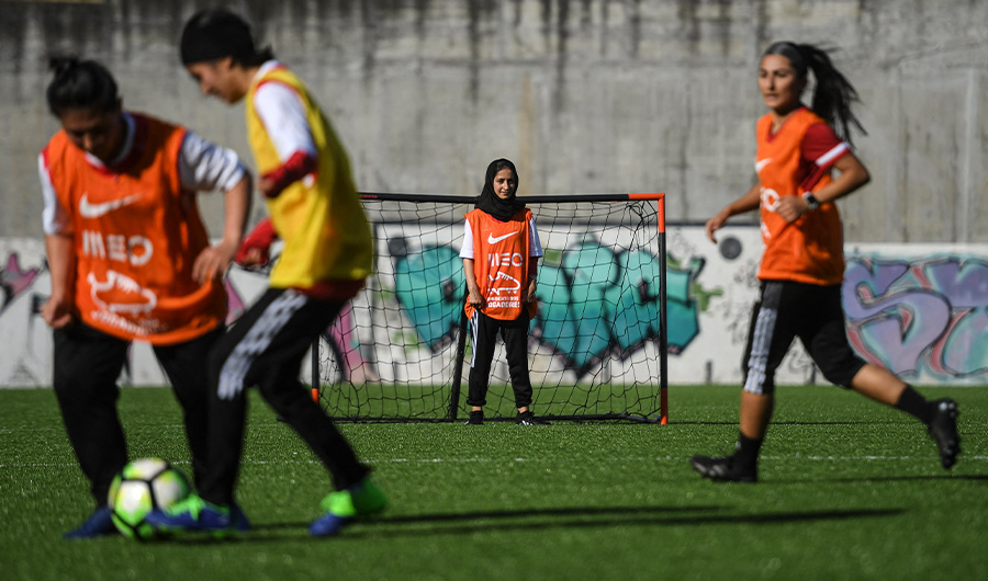Players of Afghanistan national women football team attend to a training session at Odivelas, outskirts of Lisbon on September 30, 2021. (AFP)