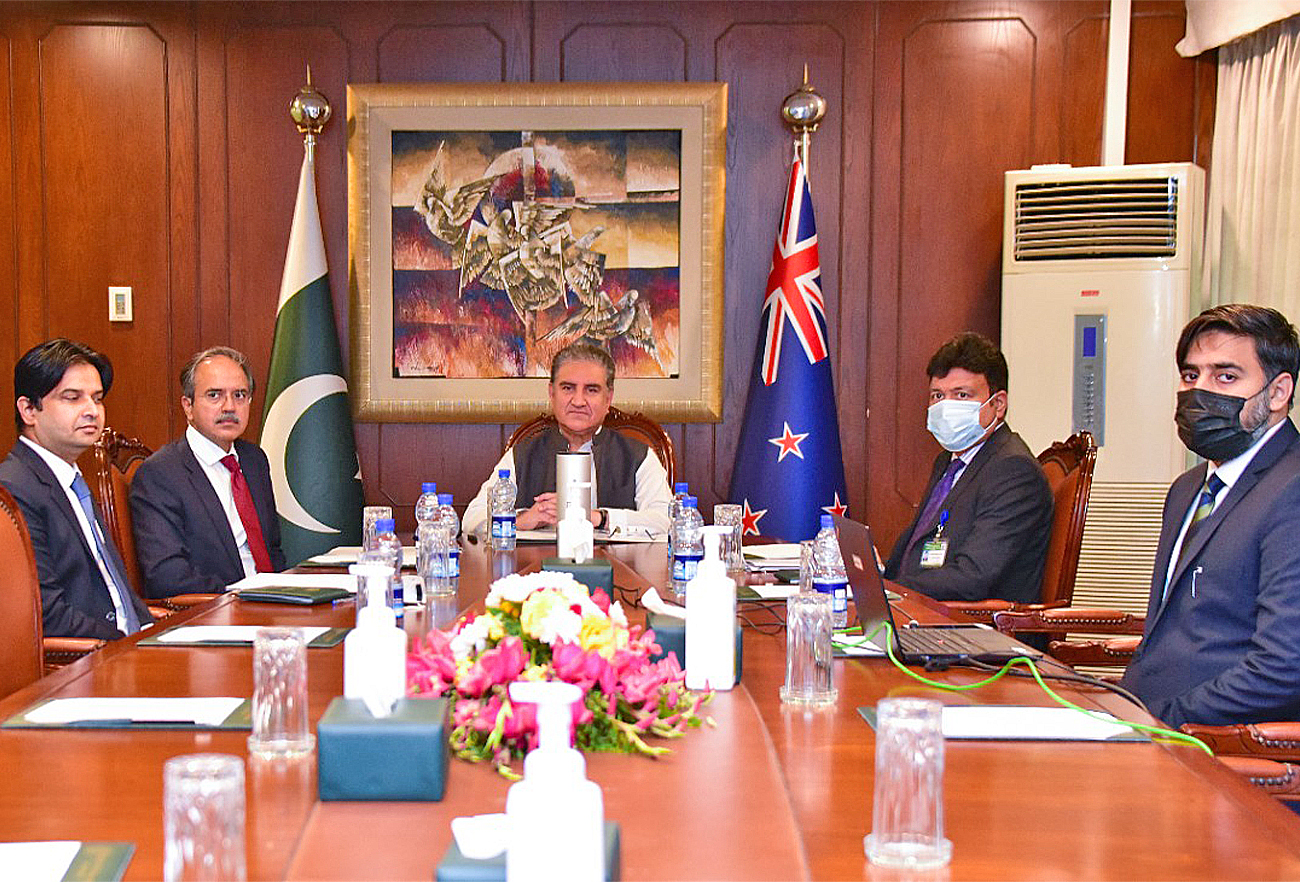 Pakistan's Foreign Minister Shah Mahmood Qureshi (center) addresses a virtual meeting with his New Zealand counterpart Nanaia Mahuta (not pictured) in Islamabad, Pakistan, on October 13, 2021. (Photo courtesy: APP)