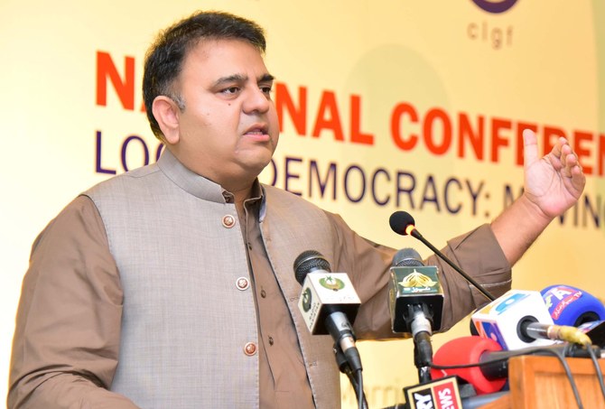 Pakistani information minister Chaudhry Fawad Hussain addressing a national conference on "Local Democracy and Moving Forward" in Islamabad, Pakistan on Sept. 28, 2021. (PID Photo)