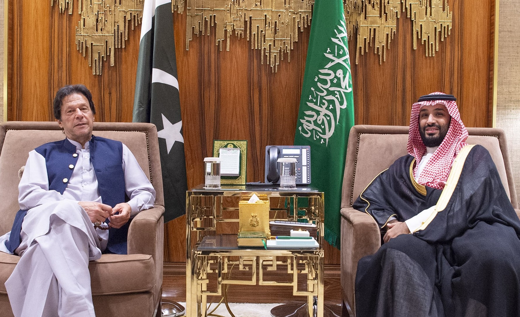 A handout picture provided by the Saudi Royal Palace shows Crown Prince Mohammed bin Salman (R) during his meeting with Pakistan's Prime Minister Imran Khan in the capital Riyadh on October 15, 2019. (AFP/ File)