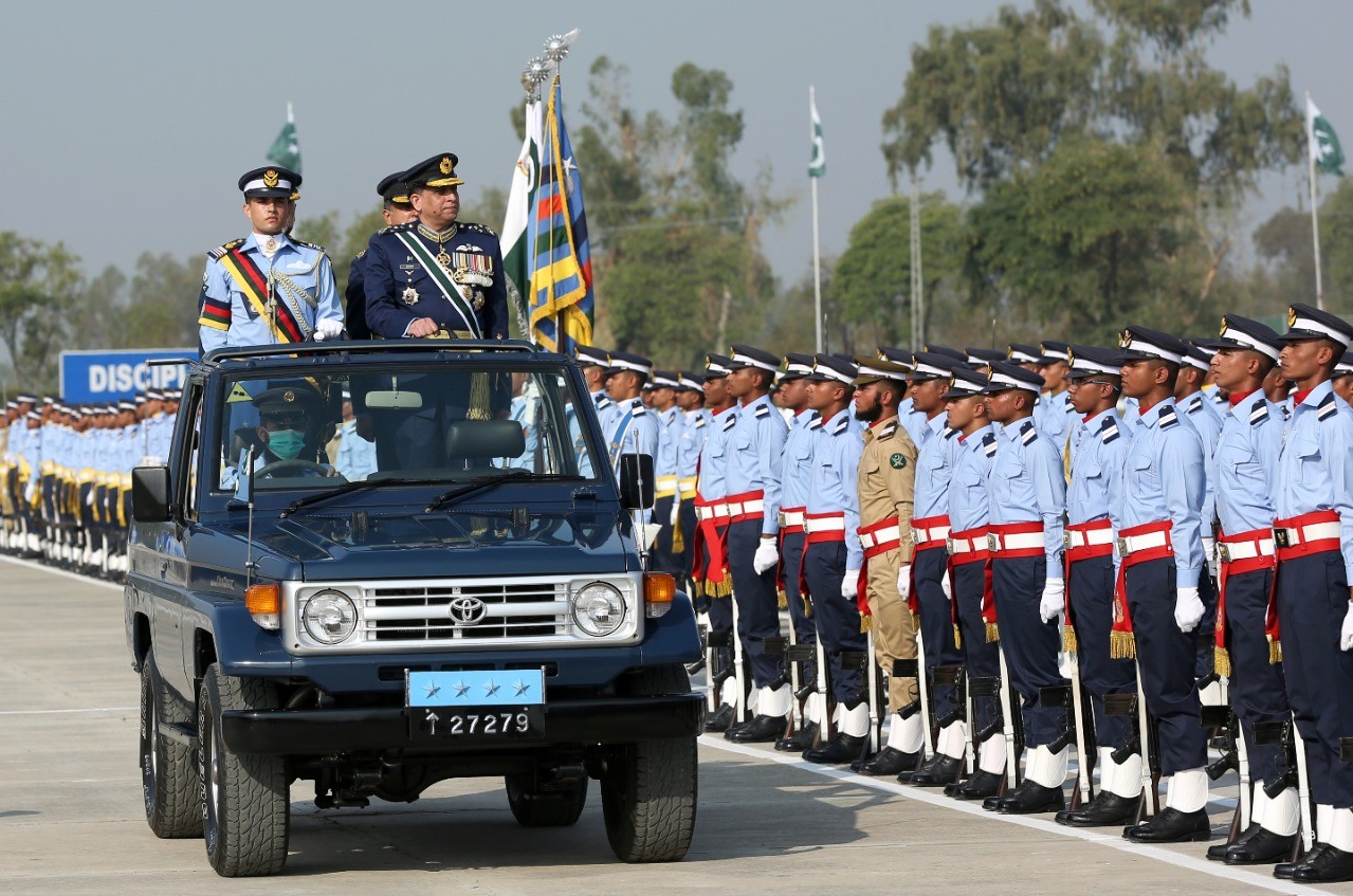 Air Chief Marshal Zaheer Ahmed Baber Sidhu, Chief of the Air Staff, Pakistan Air Force, reviewing Guard of Honor at the Graduation Ceremony held at PAF Academy, Asghar Khan in Risalpur, Pakistan, on Oct. 18, 2021. (Photo Courtesy: PAF)