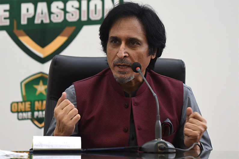 Newly-elected Pakistan's Cricket Board (PCB) chairman and former team captain Ramiz Raja speaks during a press conference at the cricket academy in Lahore on September 13, 2021. (AFP)