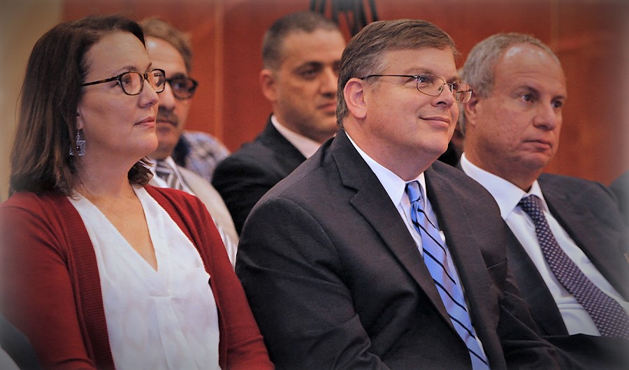 Donald Blome (C), US Consul General in Jerusalem, is seen during the launch of a conservation project to preserve Solomon's Pools in the West Bank town of Bethlehem, on October 10, 2017. (AFP/ FILE)