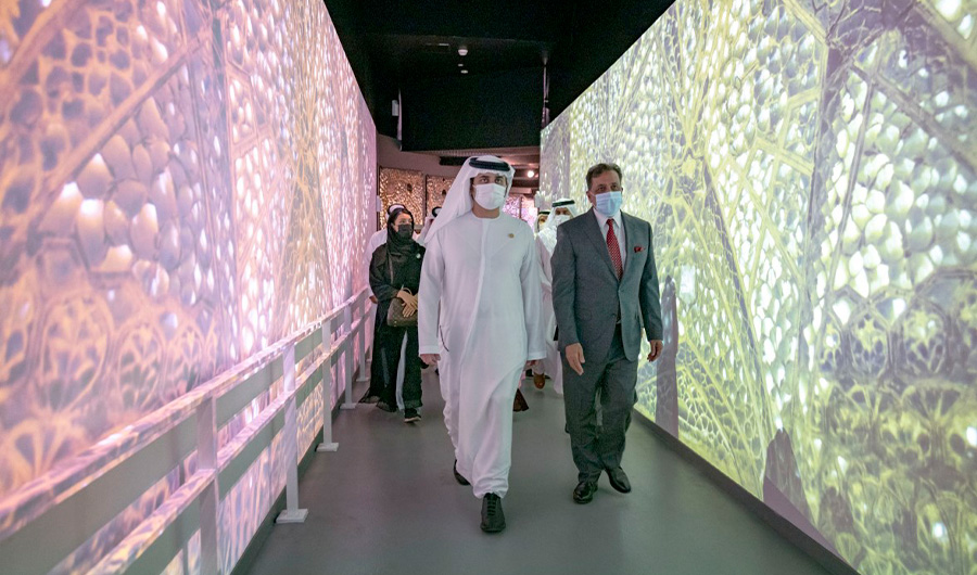 Deputy Ruler of Dubai, Sheikh Maktoum bin Mohammed bin Rashid Al Maktoum (2nd, L) walks with Pakistan’s ambassador to UAE Afzaal Mahmood (R) in Pakistani pavilion at Expo 2020 in Dubai on Oct 19, 2021. (WAM)
