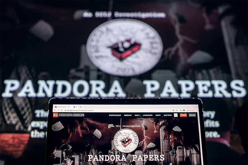 This photograph illustration shows the logo of Pandora Papers, in Lavau-sur-Loire, western France, on October 4, 2021. (AFP)
