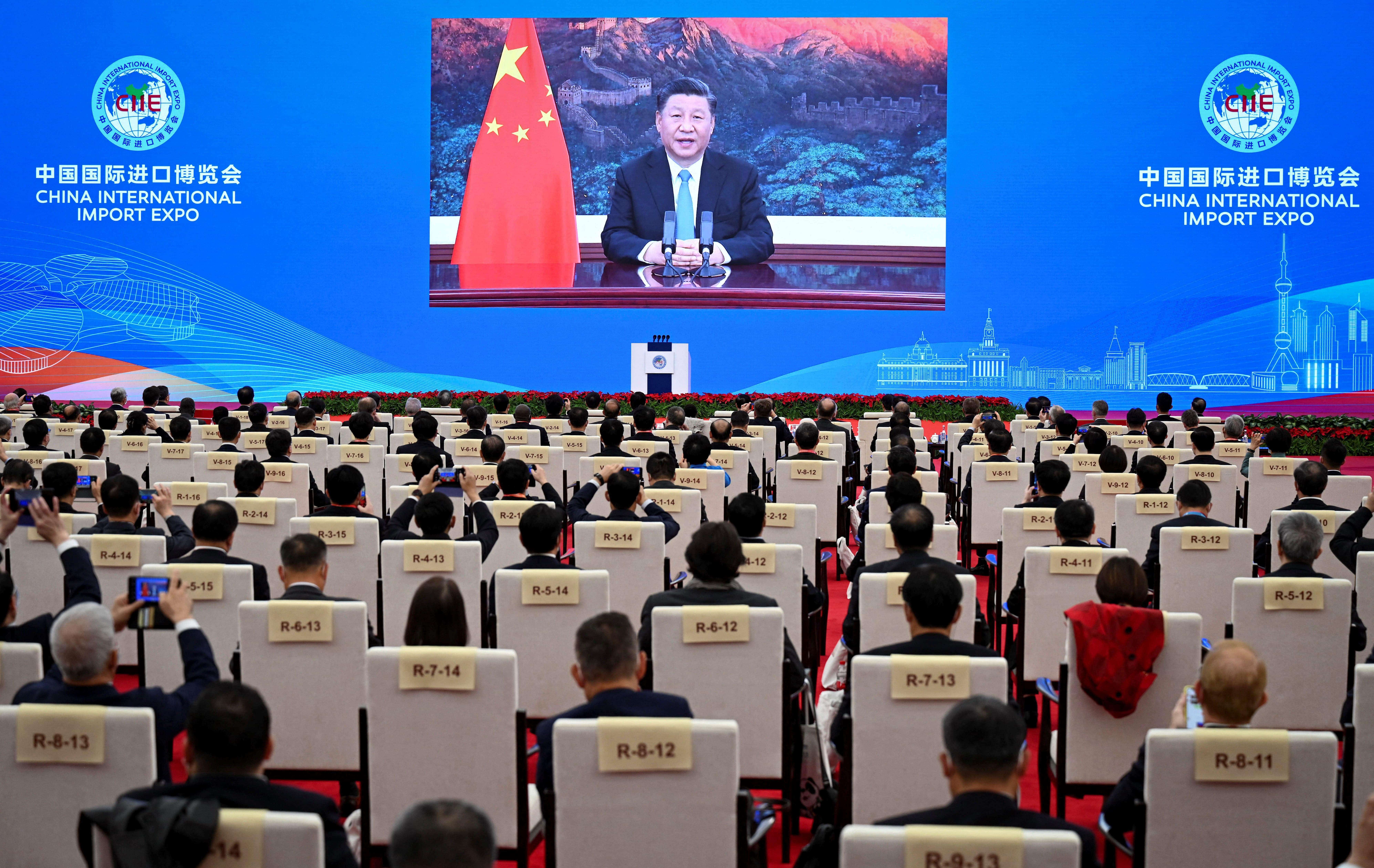This photo taken on November 4, 2020 shows Chinese President Xi Jinping delivering a speech via video for the opening ceremony of the 3rd China International Import Expo (CIIE) in Shanghai. (AFP)