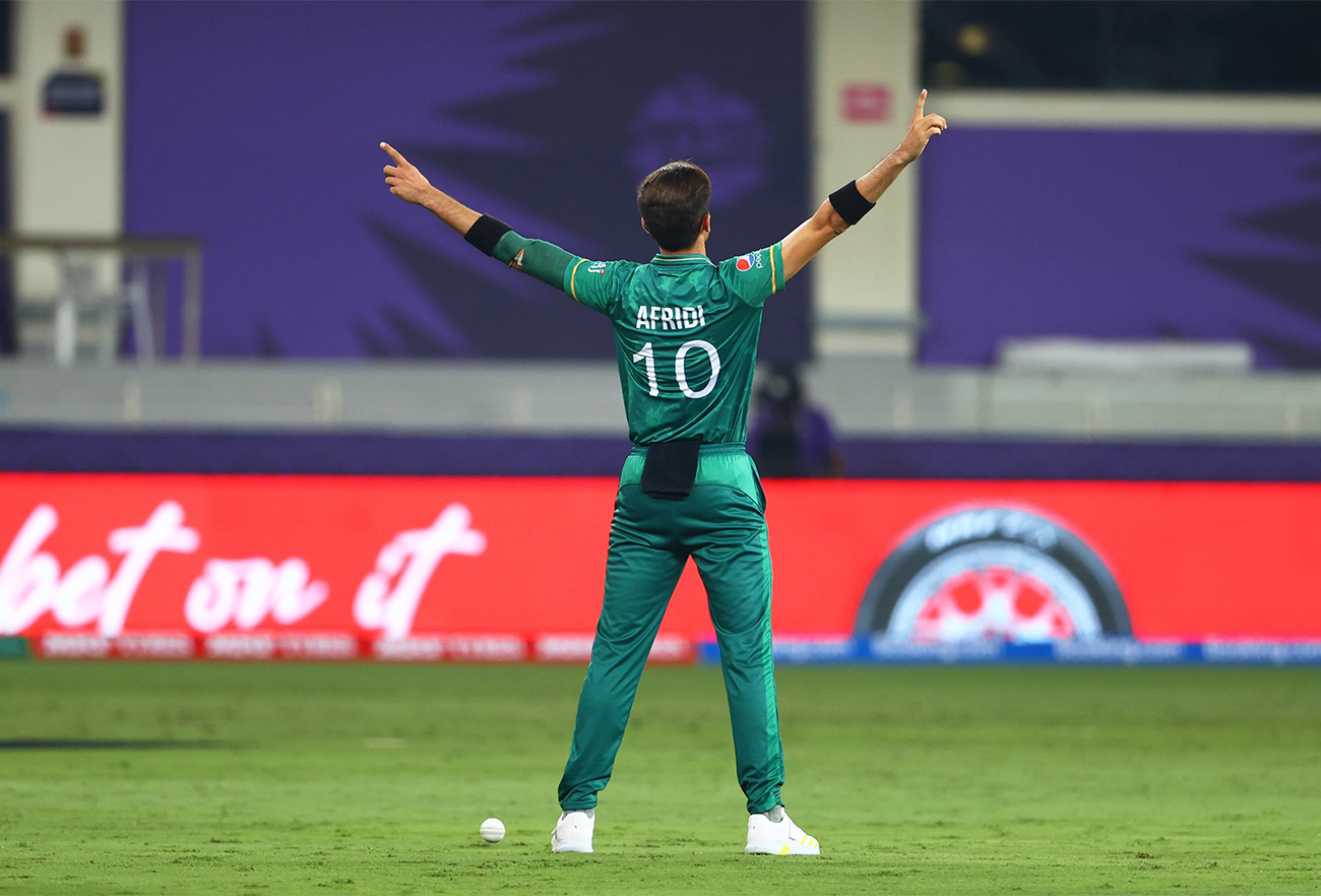 Pakistan's Shaheen Afridi celebrates after taking a wicket during the Twenty20 World Cup match between India and Pakistan in Dubai, UAE, on October 24, 2021. (Pakistan Cricket Team)