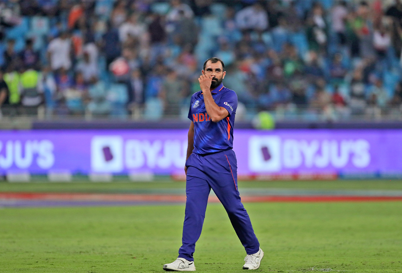 India's Mohammed Shami reacts after he was hit by three consecutive boundaries during the Cricket Twenty20 World Cup match between India and Pakistan in Dubai, on October 24, 2021. (AP)