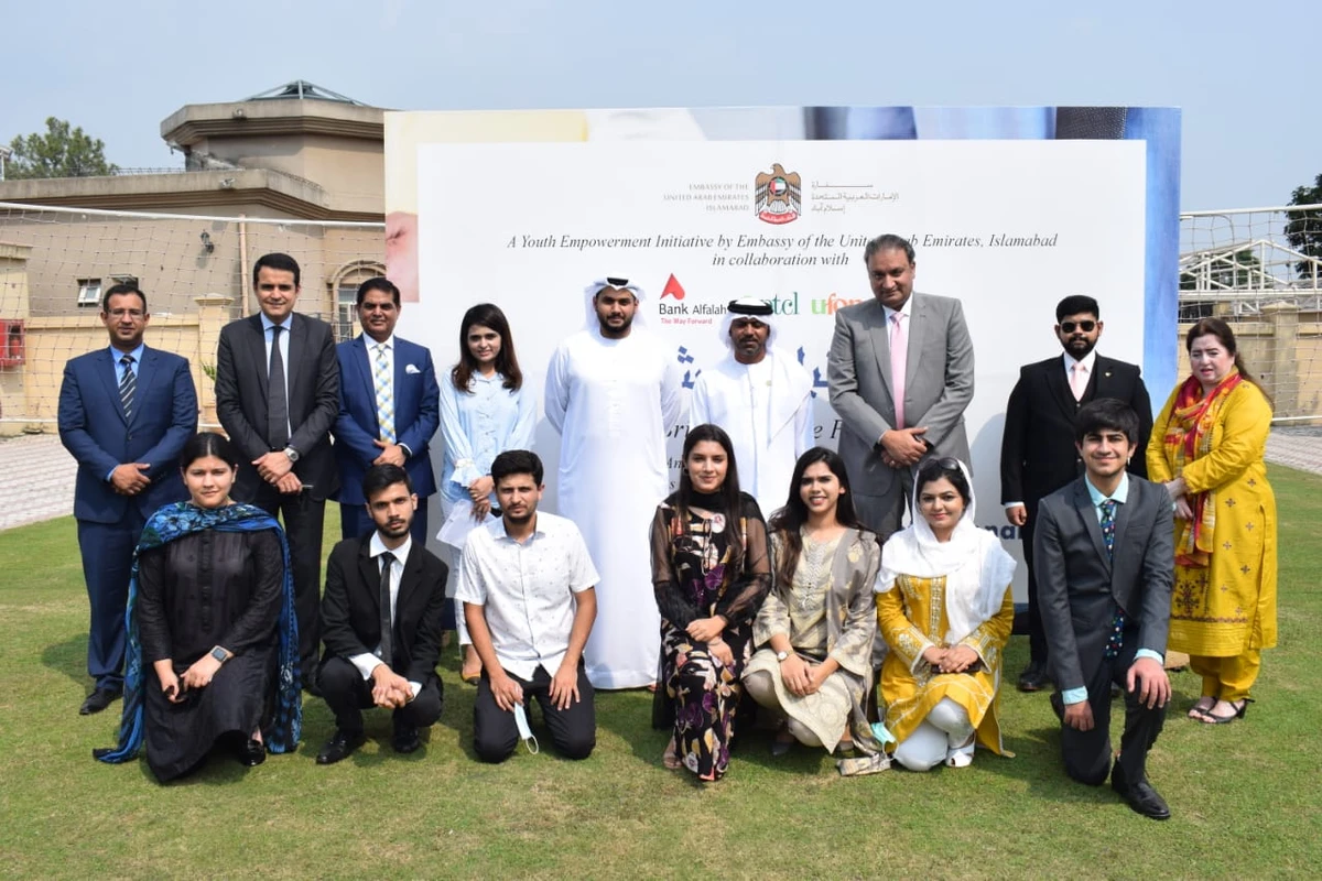 In this group photo, UAE ambassador to Pakistan Hamad Obaid Al Zaabi can be seen with the participants of an internship program, Brightening the Future, in Islamabad, Pakistan, on September 29, 2021. (Photo courtesy: UAE Embassy, Islamabad)